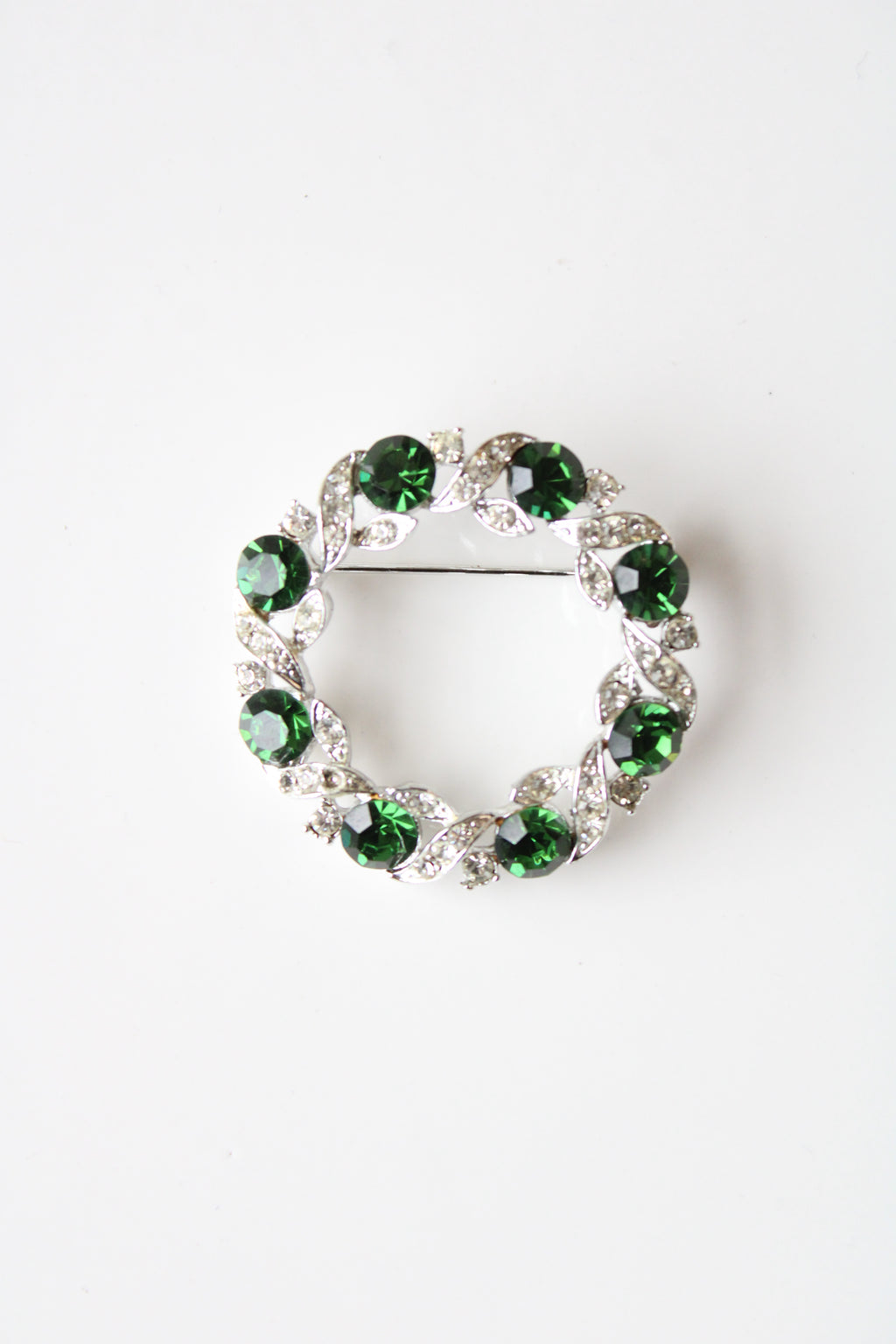 Green & Clear Rhinestone Silver Circular Brooch Pin