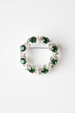 Green & Clear Rhinestone Silver Circular Brooch Pin