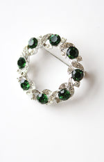 Green & Clear Rhinestone Silver Circular Brooch Pin