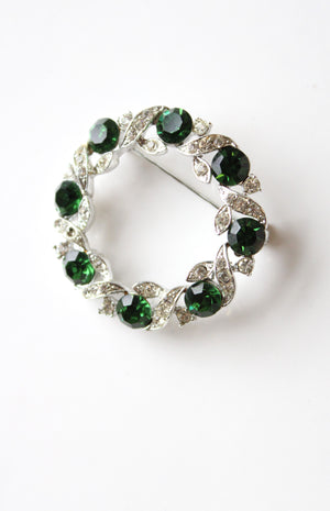 Green & Clear Rhinestone Silver Circular Brooch Pin