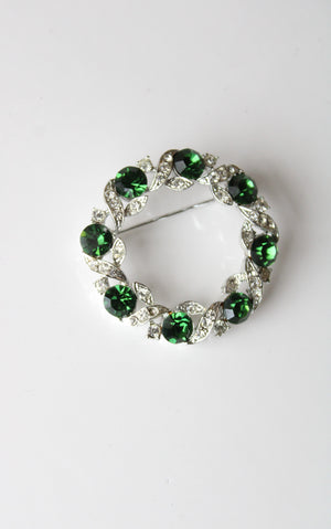 Green & Clear Rhinestone Silver Circular Brooch Pin