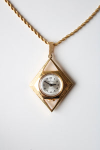 Hanowa Gold Diamond Shaped Clock Pendant Necklace