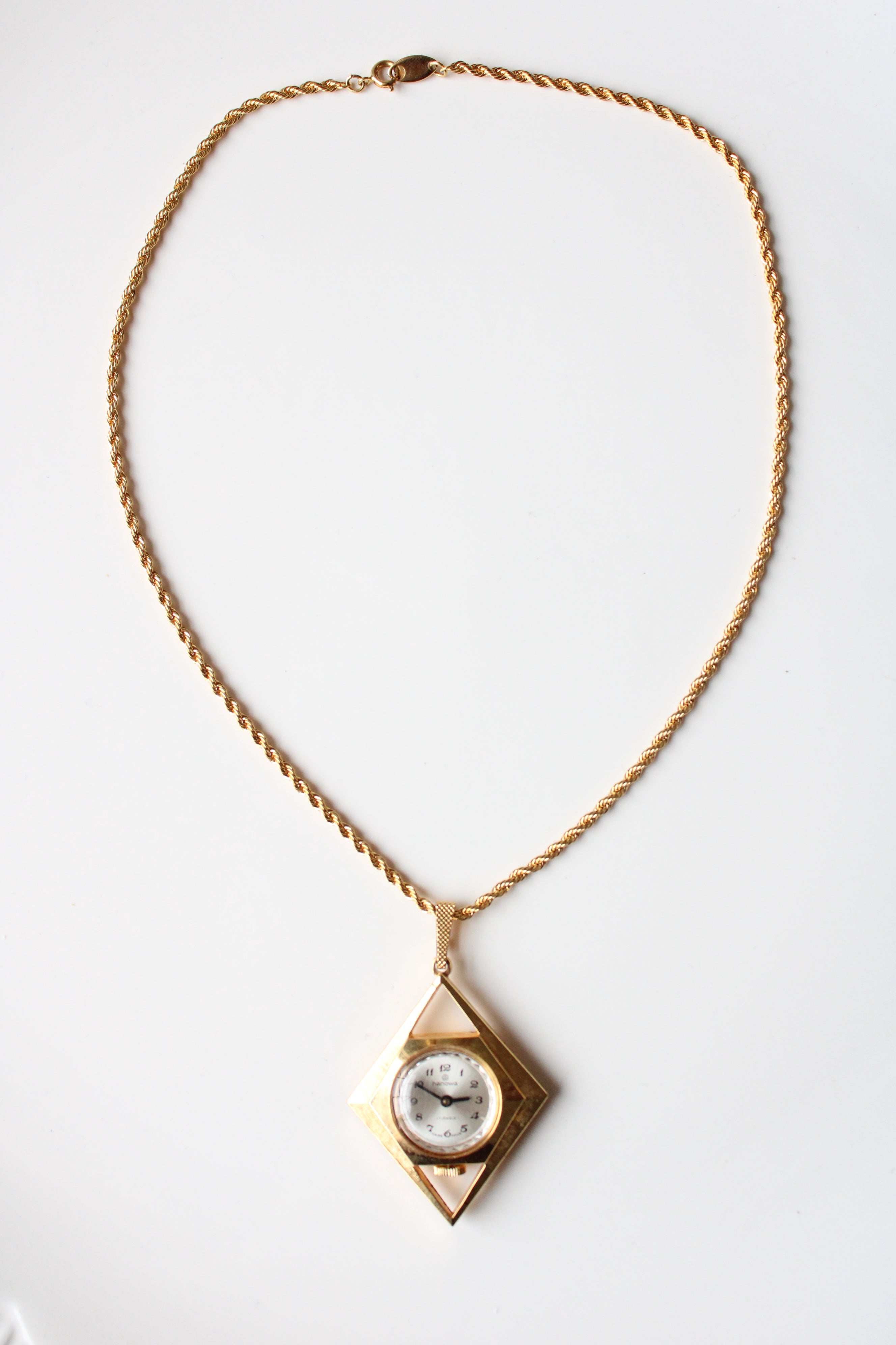 Hanowa Gold Diamond Shaped Clock Pendant Necklace