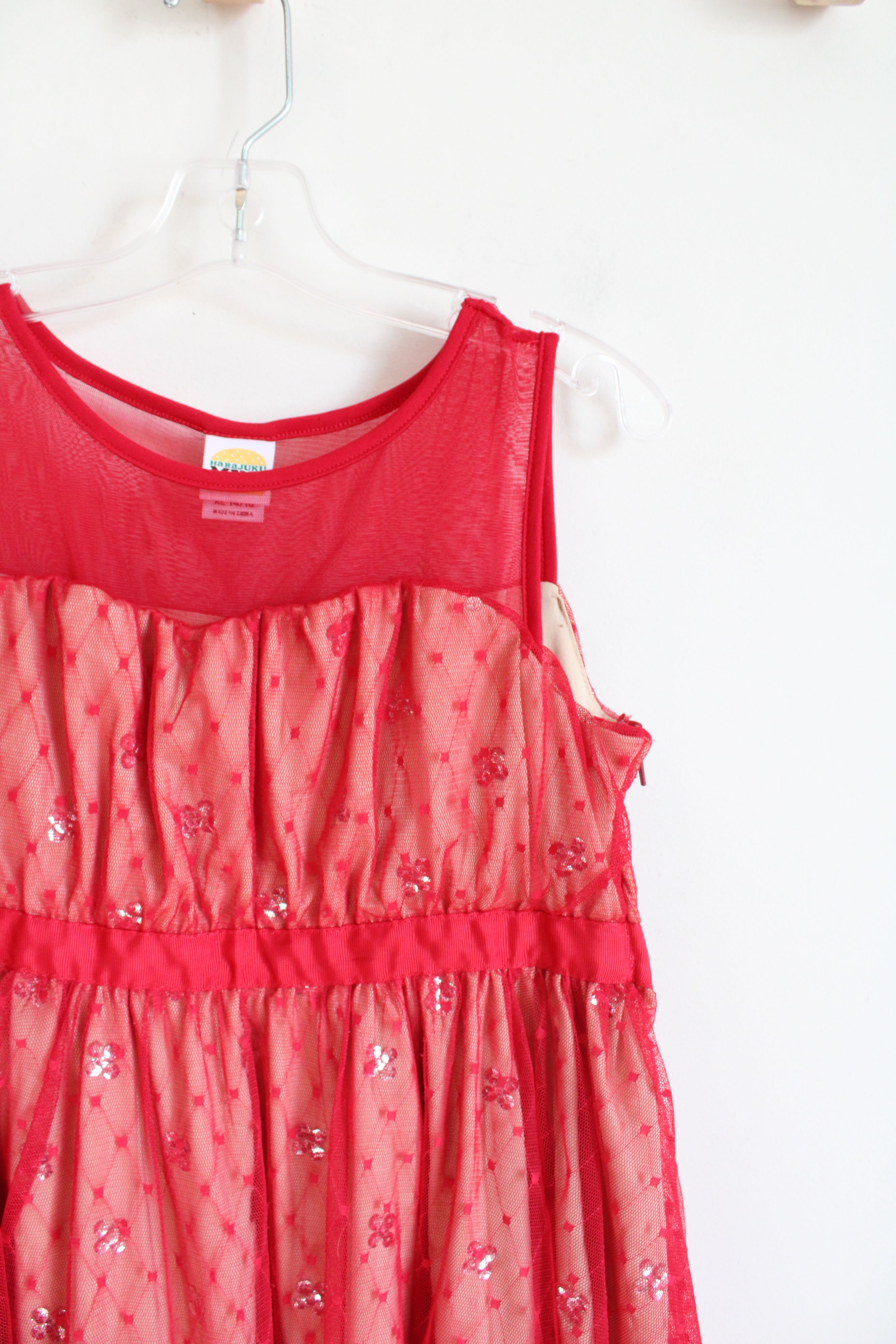 Harajuku Mini Red Tulle Overlay Sequined Dress | Youth XL (14/16)