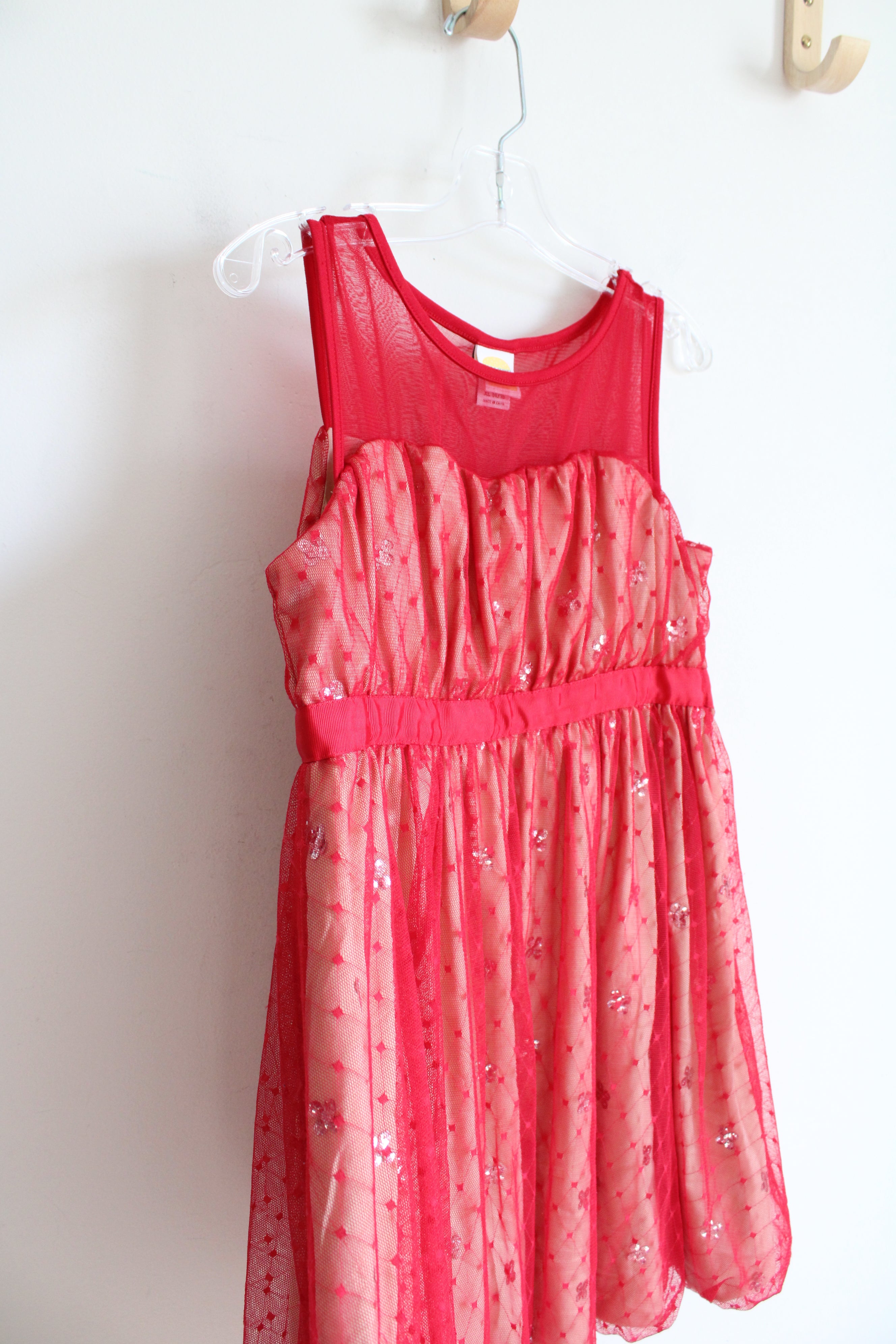 Harajuku Mini Red Tulle Overlay Sequined Dress | Youth XL (14/16)