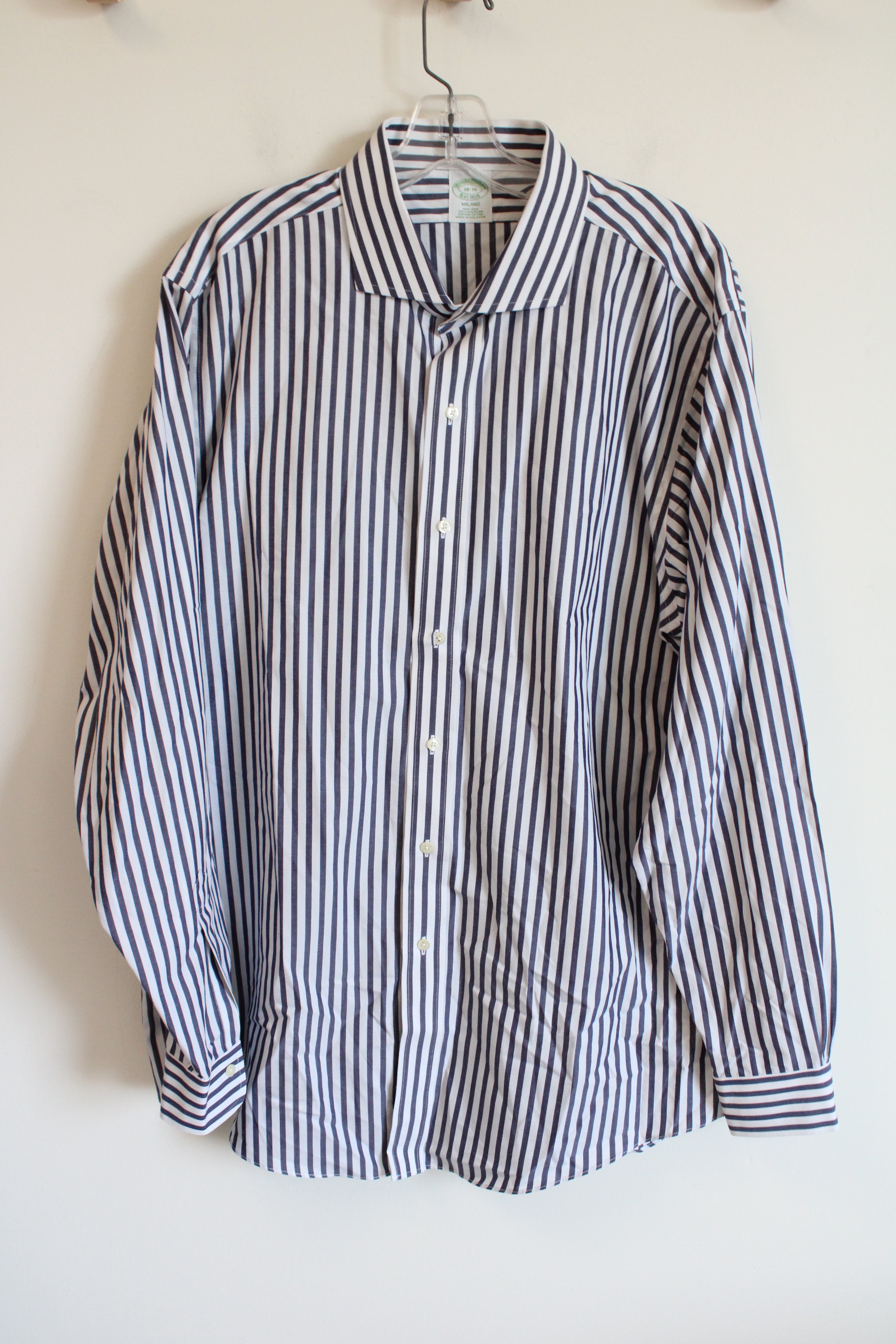 Brooks Brothers Milano Dark Blue White Striped Button Down Shirt | 18-36