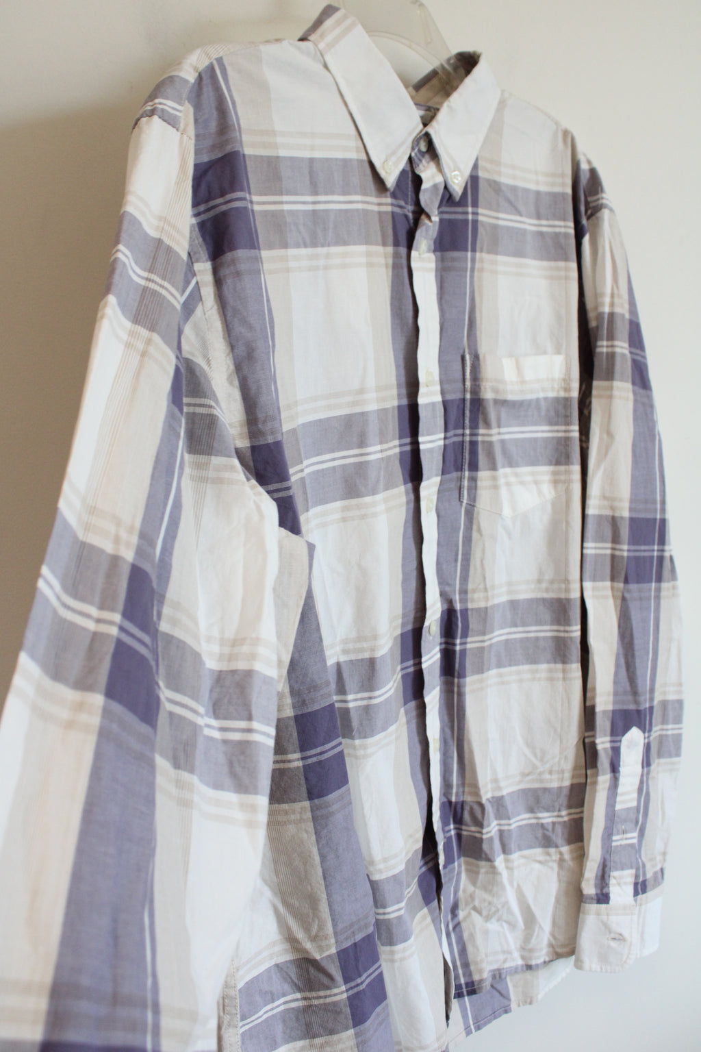 Old Navy Slim Fit Blue Tan White Plaid Button Down Shirt | XL