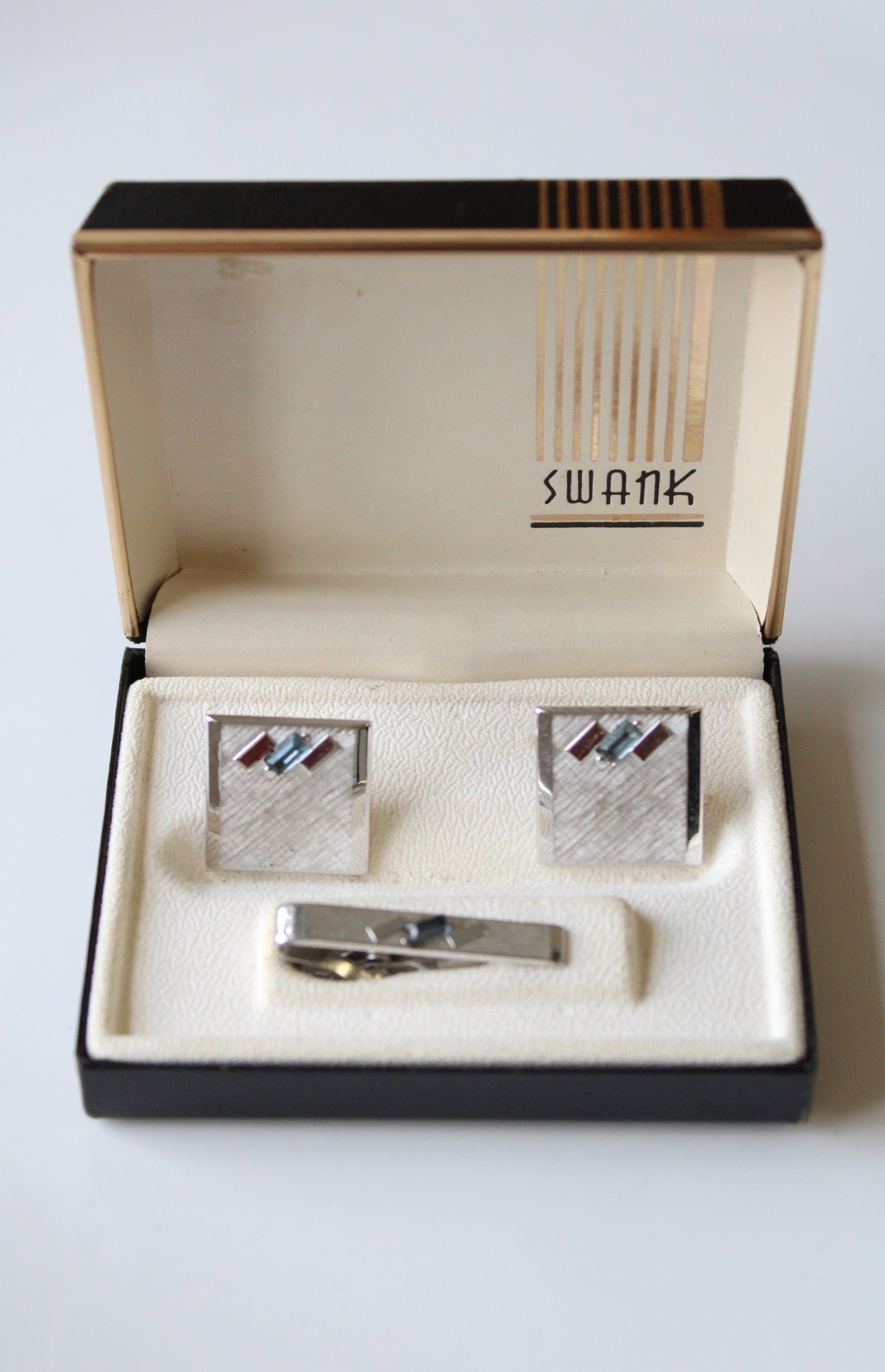 Swank Blue Topaz Stone Silver Cuff Links & Tie Clip Set