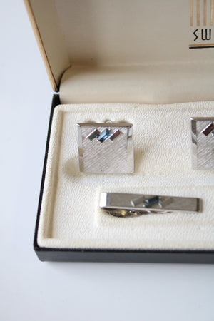 Swank Blue Topaz Stone Silver Cuff Links & Tie Clip Set