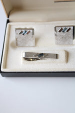 Swank Blue Topaz Stone Silver Cuff Links & Tie Clip Set