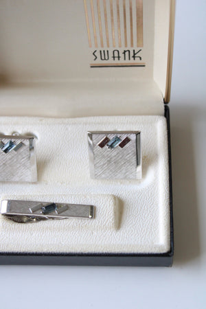 Swank Blue Topaz Stone Silver Cuff Links & Tie Clip Set