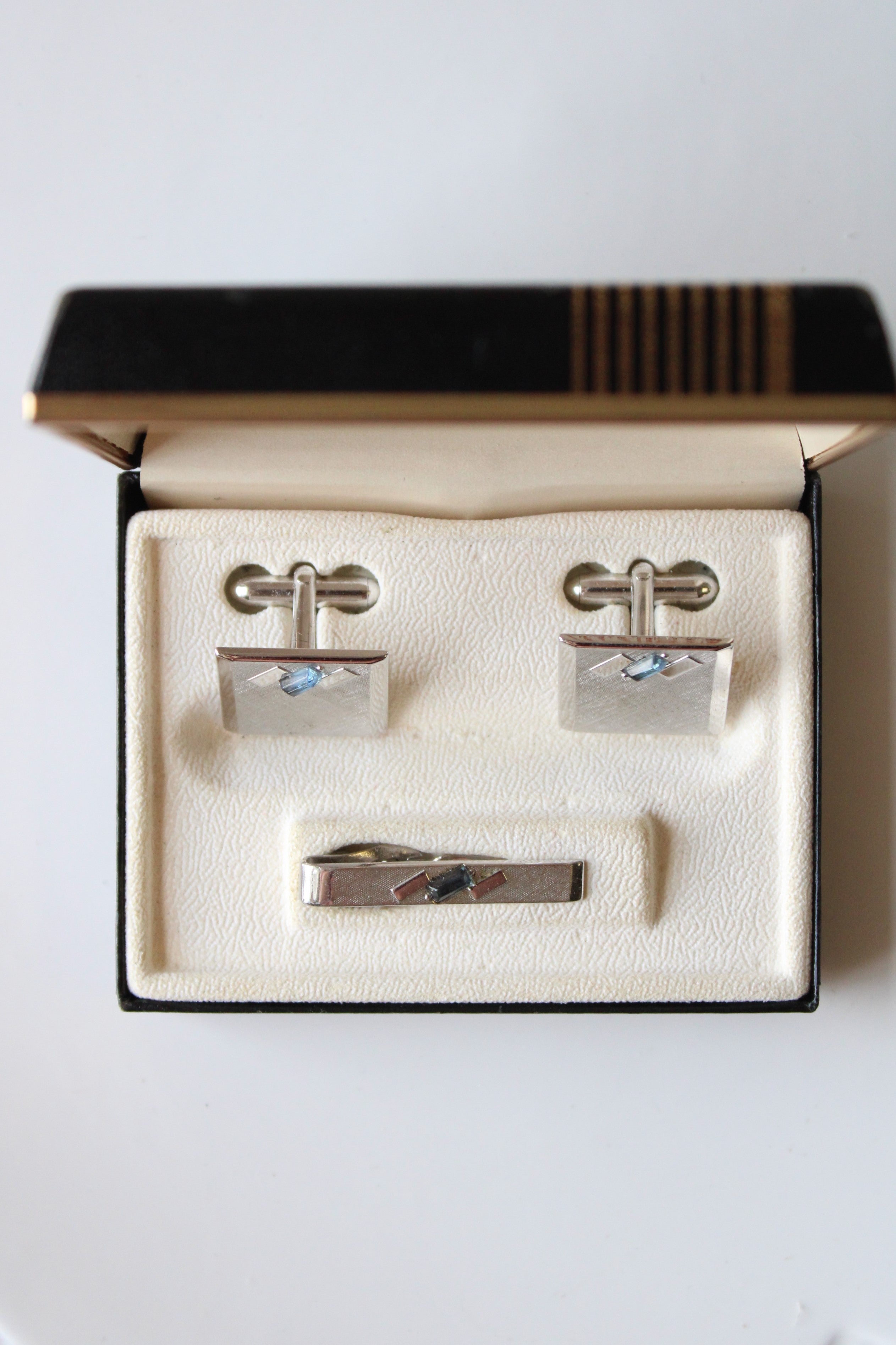 Swank Blue Topaz Stone Silver Cuff Links & Tie Clip Set