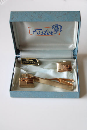 Foster Gold Rectangle Cuff Links & Tie Clip Set