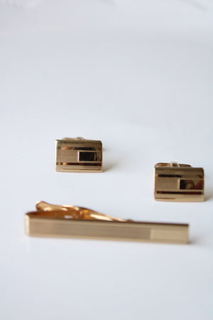 Foster Gold Rectangle Cuff Links & Tie Clip Set