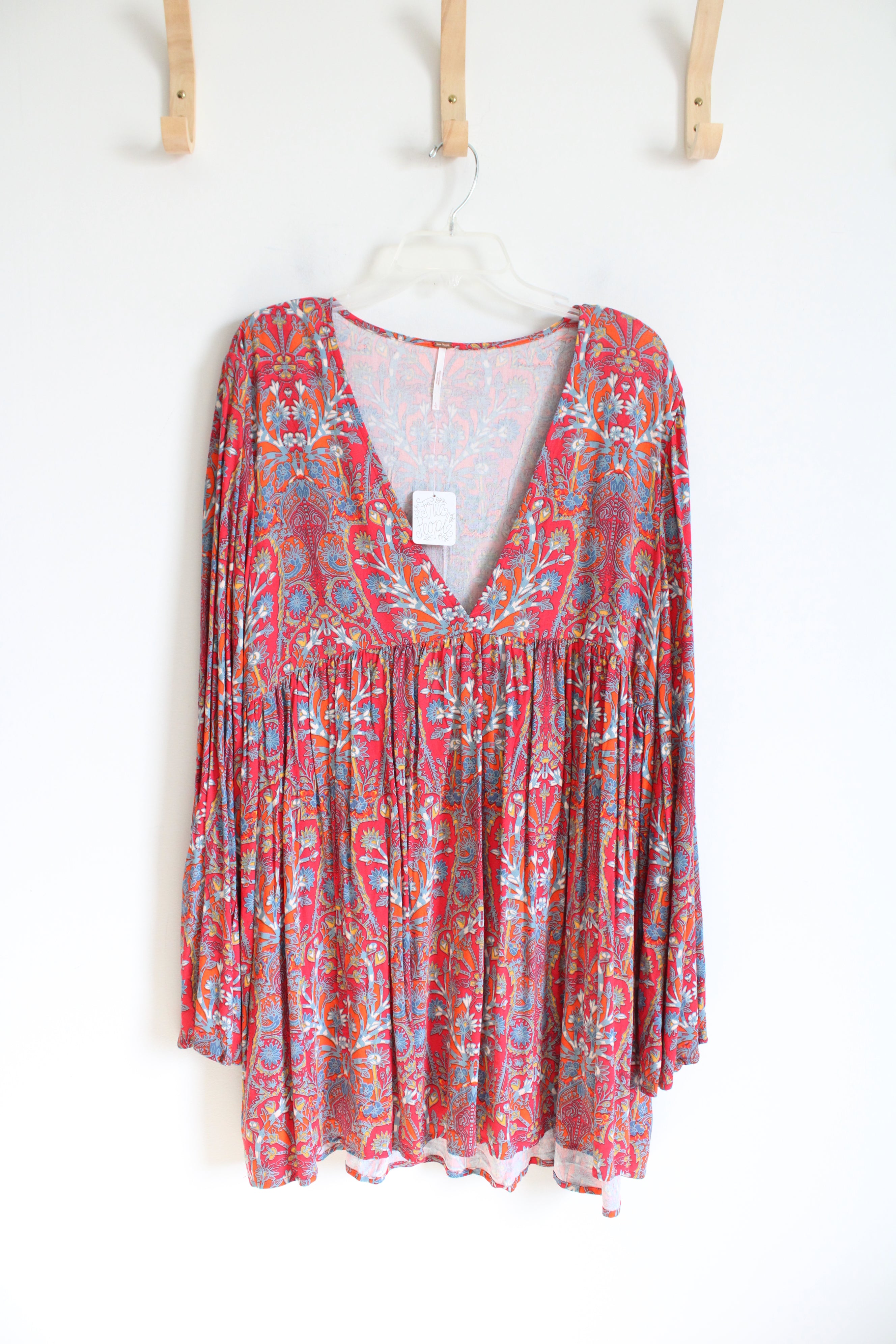 NEW Free People Orange Red & Blue Floral Flowy Long Sleeved Boho Dress | L