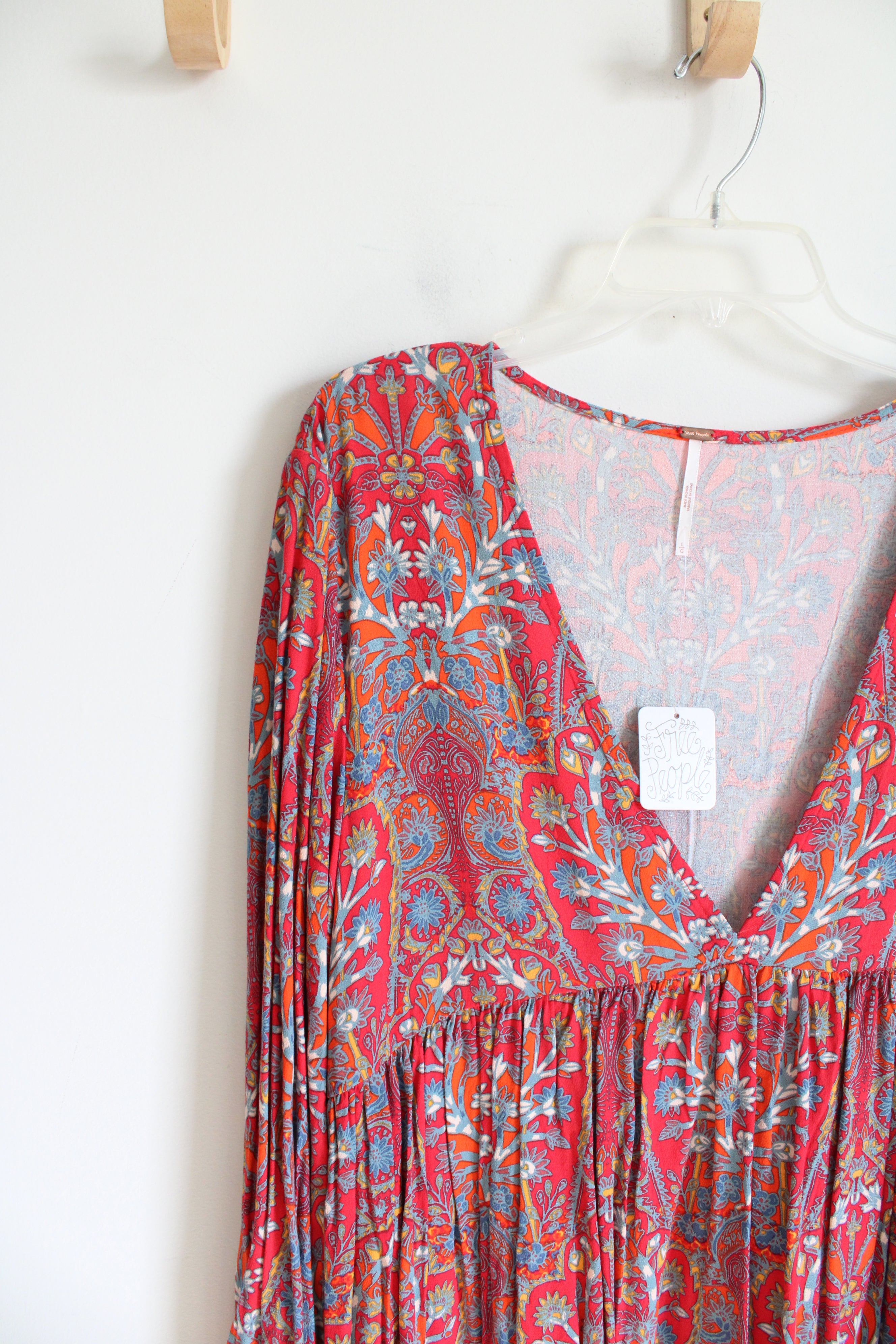 NEW Free People Orange Red & Blue Floral Flowy Long Sleeved Boho Dress | L