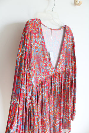 NEW Free People Orange Red & Blue Floral Flowy Long Sleeved Boho Dress | L