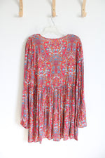 NEW Free People Orange Red & Blue Floral Flowy Long Sleeved Boho Dress | L