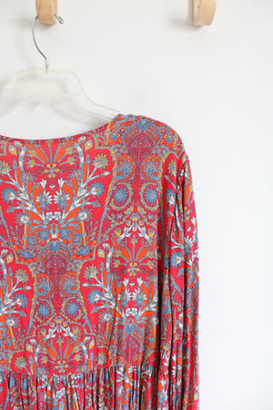 NEW Free People Orange Red & Blue Floral Flowy Long Sleeved Boho Dress | L