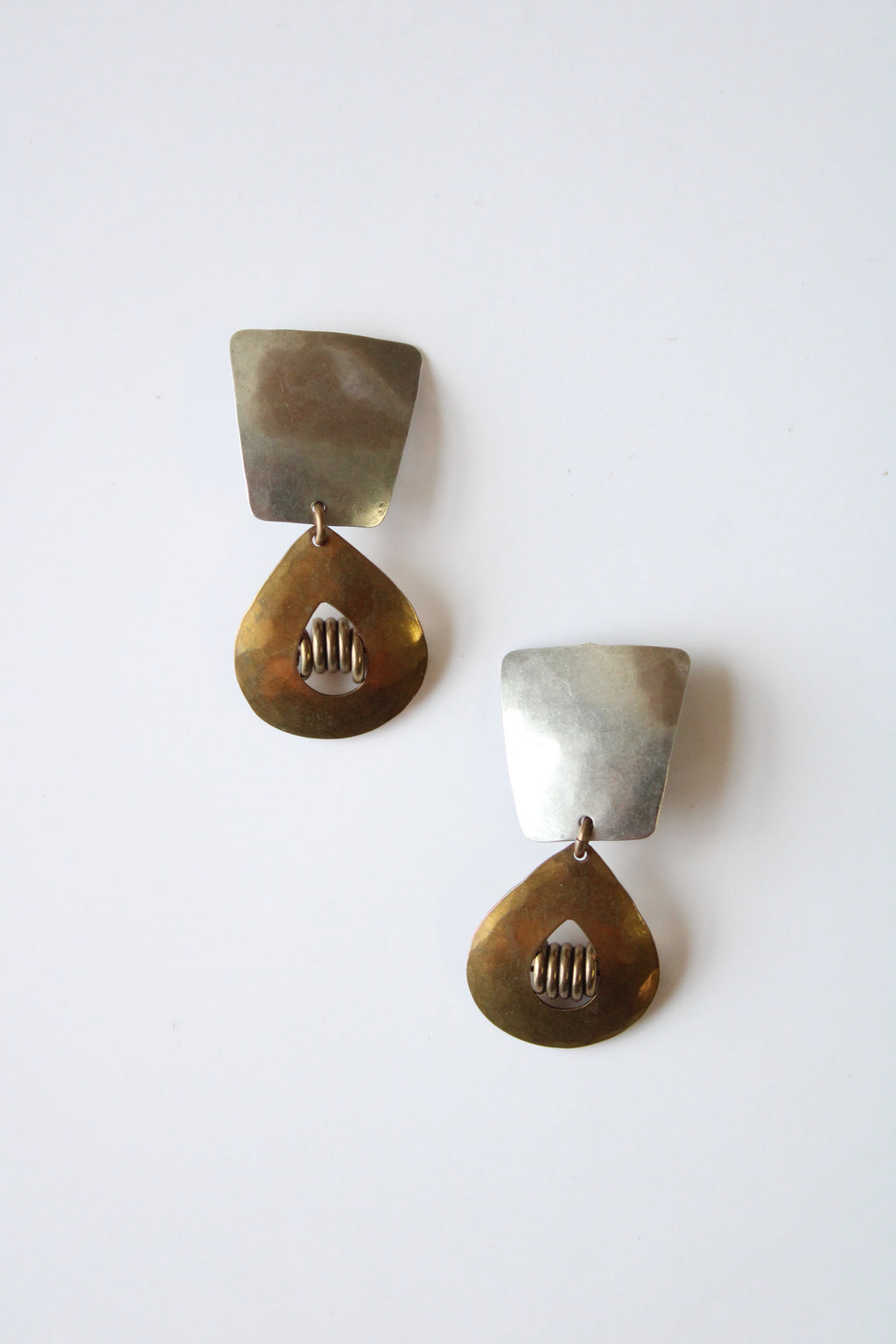 Hammered Silver & Brass Clip On Dangle Earrings