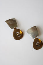 Hammered Silver & Brass Clip On Dangle Earrings