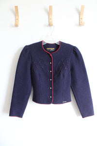 Geiger Vintage Embroidered Trim Navy Boiled Wool Cardigan Sweater | 34 (4)