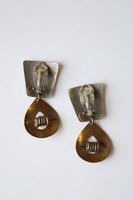 Hammered Silver & Brass Clip On Dangle Earrings