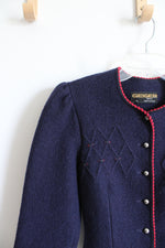 Geiger Vintage Embroidered Trim Navy Boiled Wool Cardigan Sweater | 34 (4)