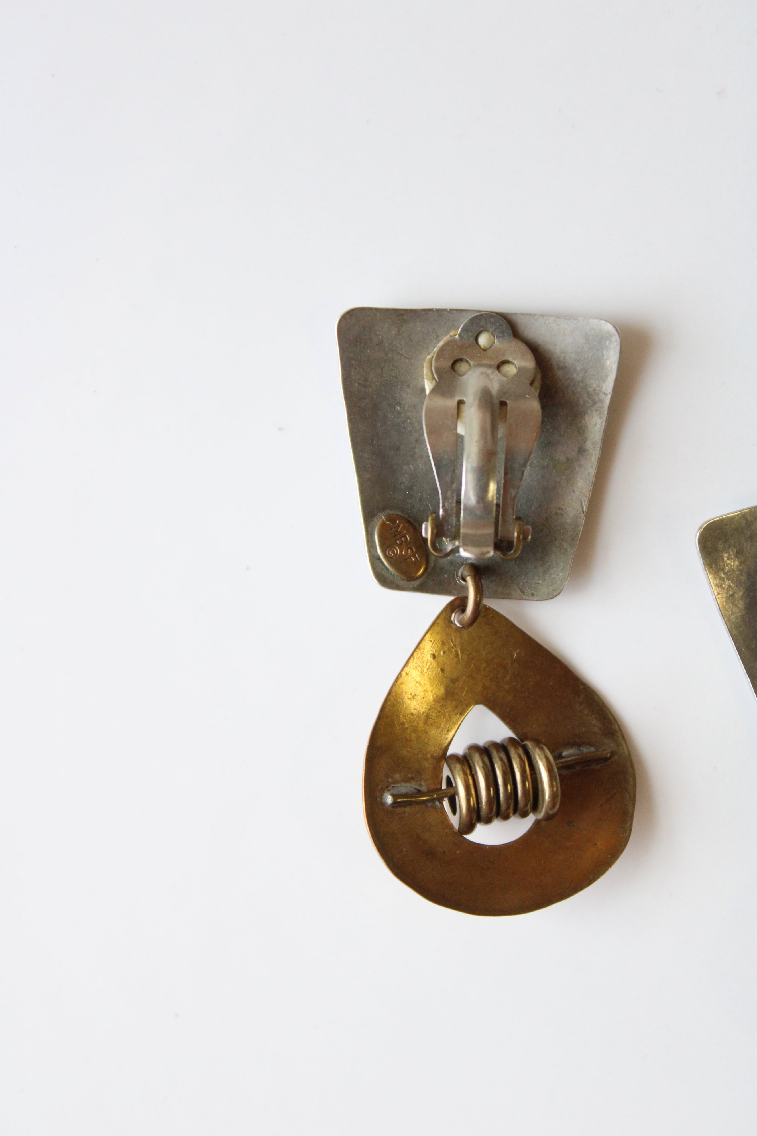 Hammered Silver & Brass Clip On Dangle Earrings