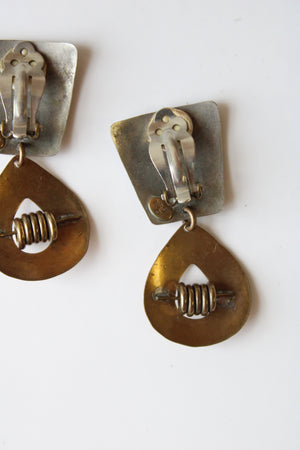 Hammered Silver & Brass Clip On Dangle Earrings