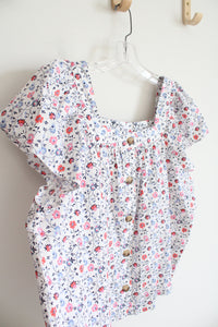 Gap White Blue & Pink Floral Ruffled Sleeve Button Down Top | XXL