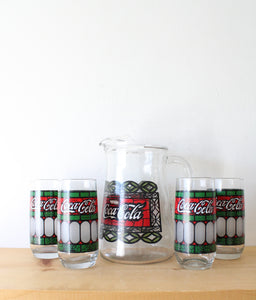 Vintage Red & Green Coca-Cola Glass & Pitcher Set