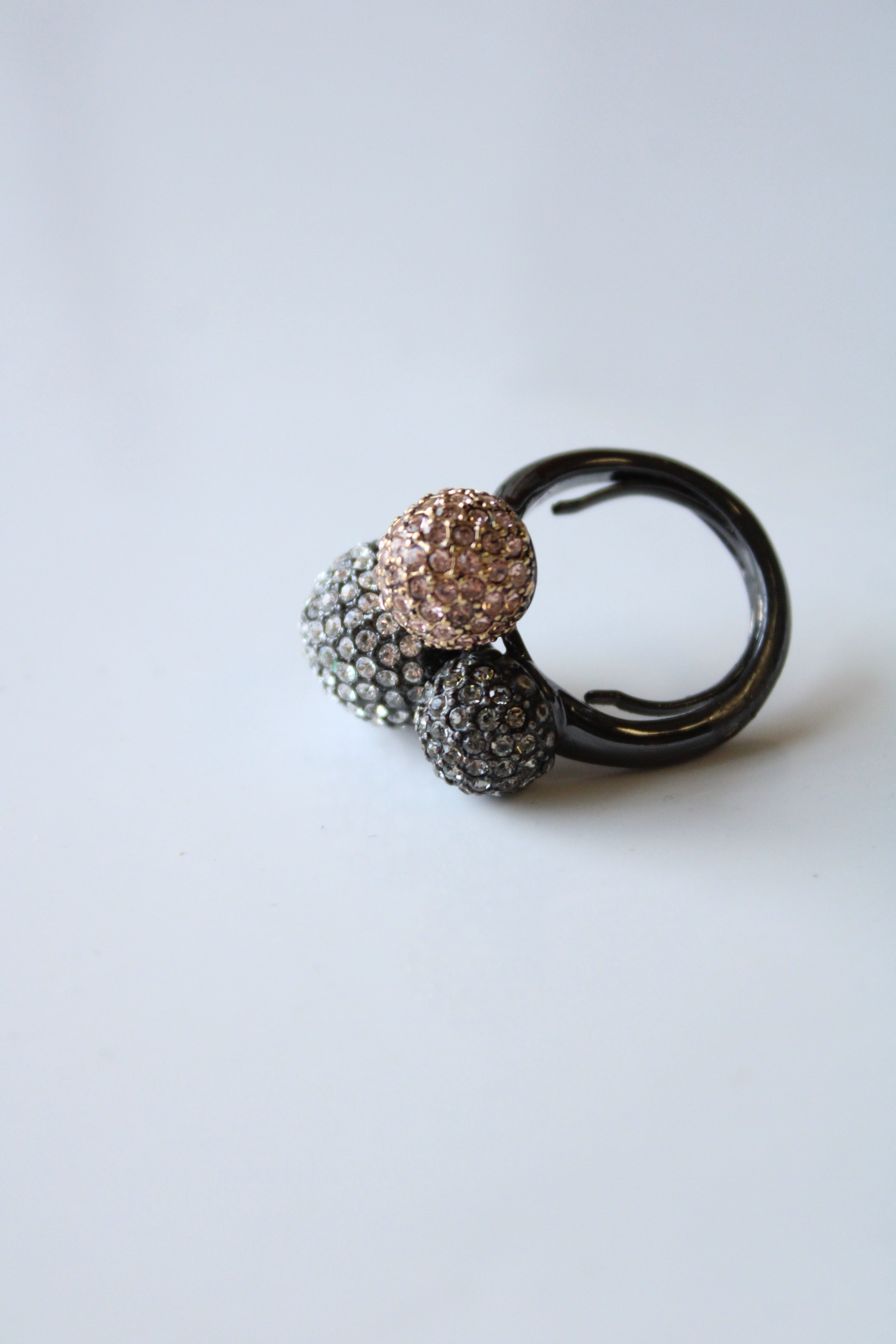 Black Metal Pink Black Clear Stone Pave Disco Ball Statement Ring | Size 6