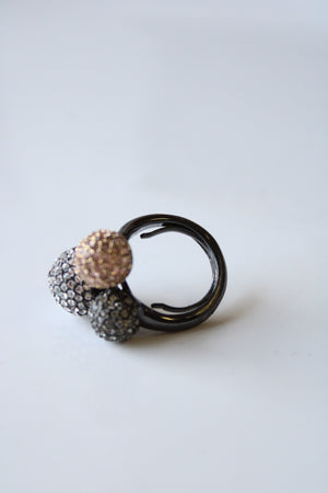 Black Metal Pink Black Clear Stone Pave Disco Ball Statement Ring | Size 6