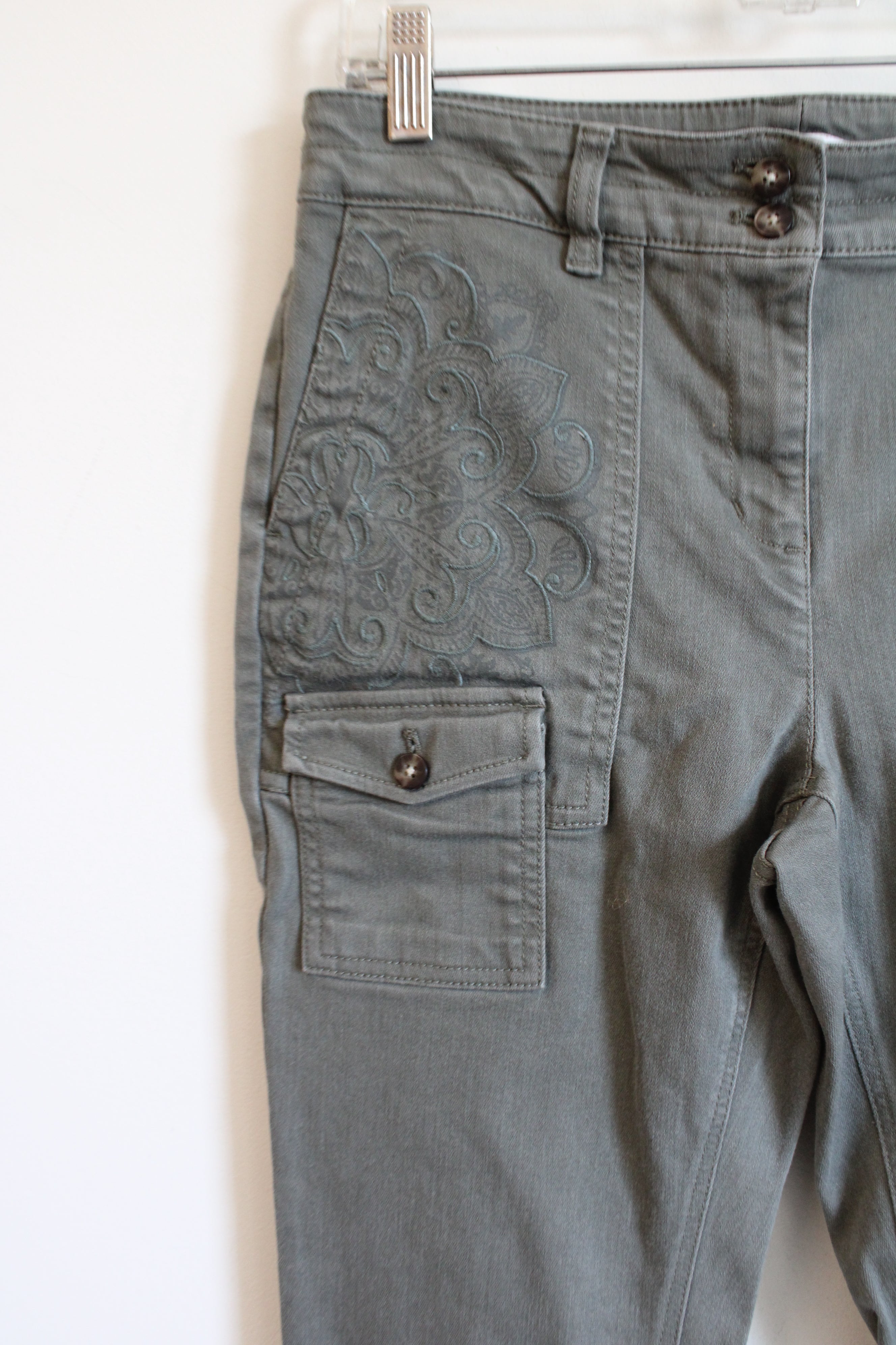 J.Jill Olive Green Embroidered Jeans | 8 Petite