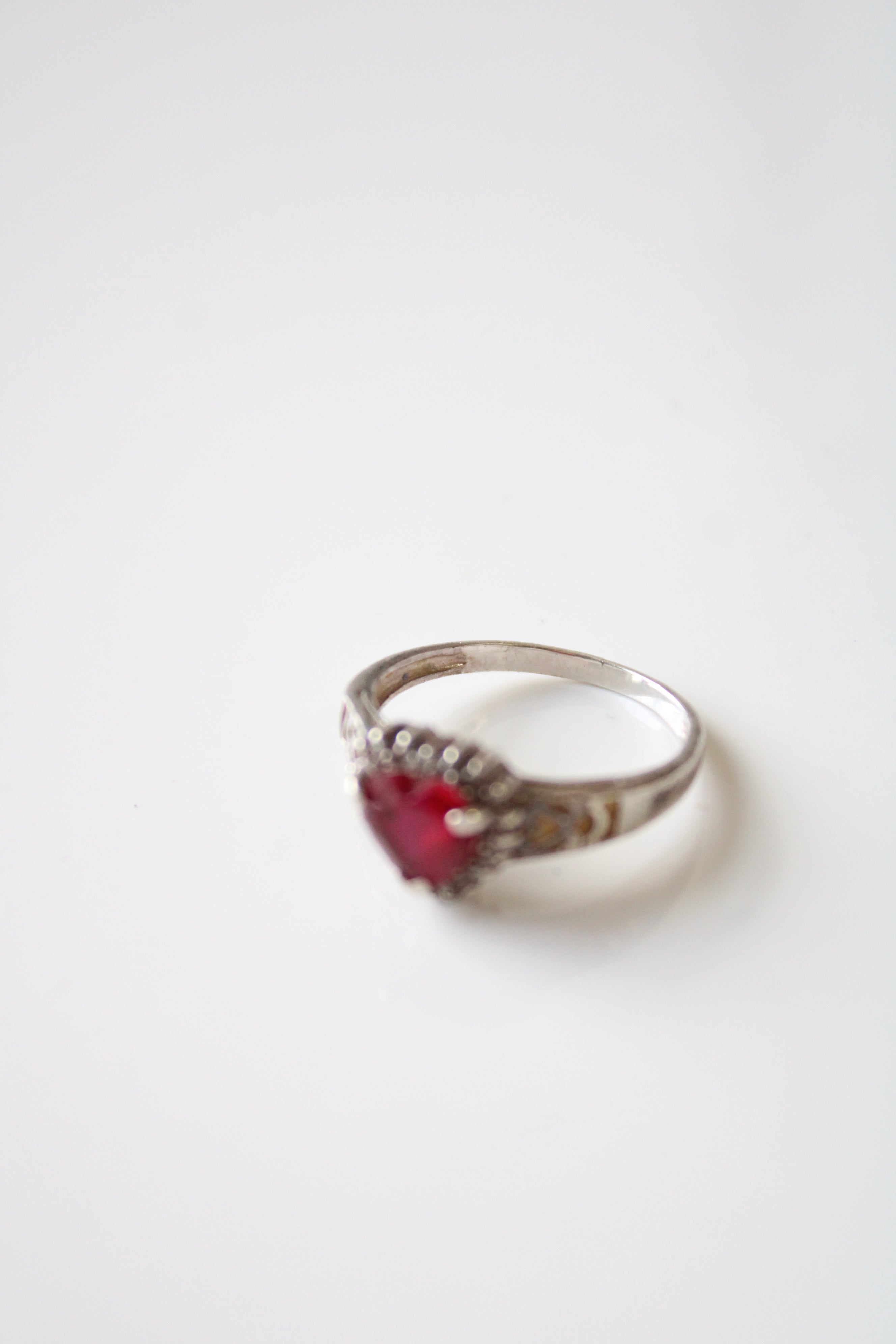 Ruby Heart Stone Sterling Silver Ring | Size 8