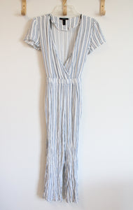 Forever 21 White Blue Striped Jumpsuit | M