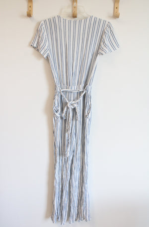 Forever 21 White Blue Striped Jumpsuit | M