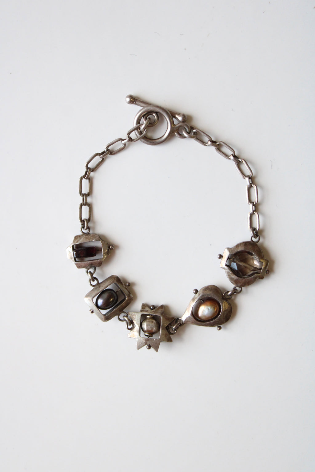 Vintage Genuine Pearl & Sterling Silver Shape Charm Toggle Bracelet