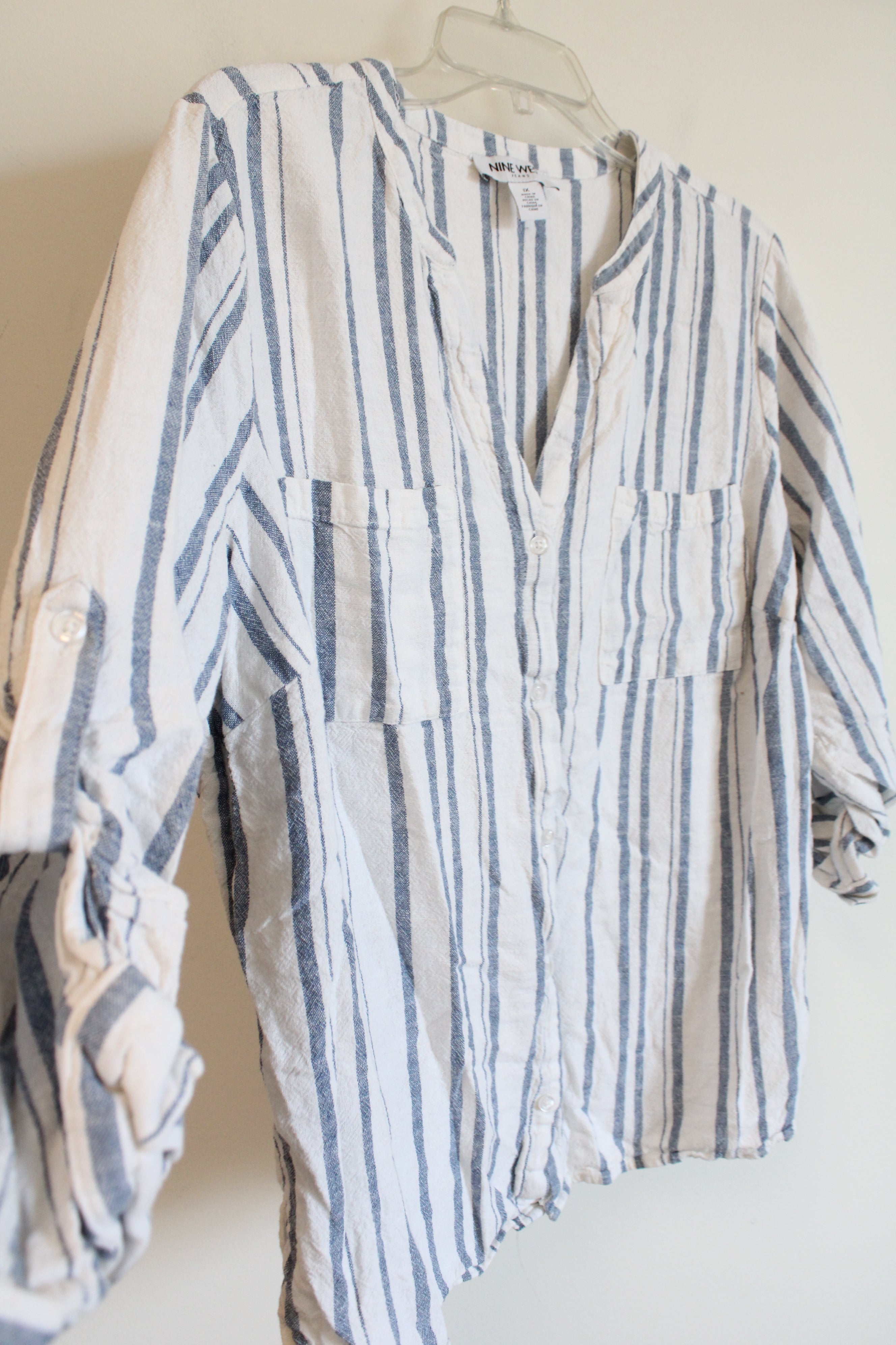 Nine West White Blue Striped Cotton Top | 1X