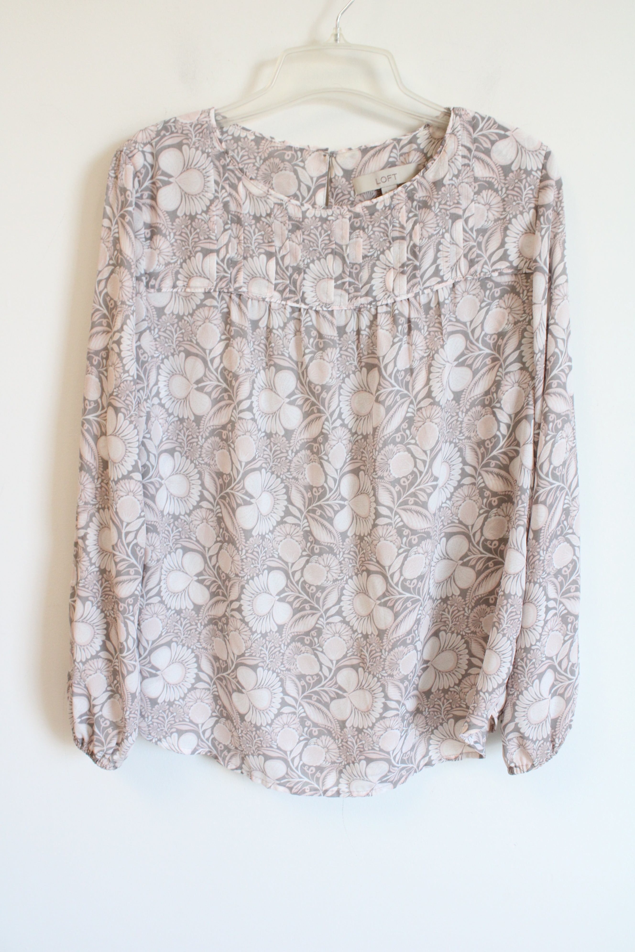 LOFT Light Pink Gray Floral Long Sleeved Chiffon Blouse | M