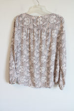 LOFT Light Pink Gray Floral Long Sleeved Chiffon Blouse | M