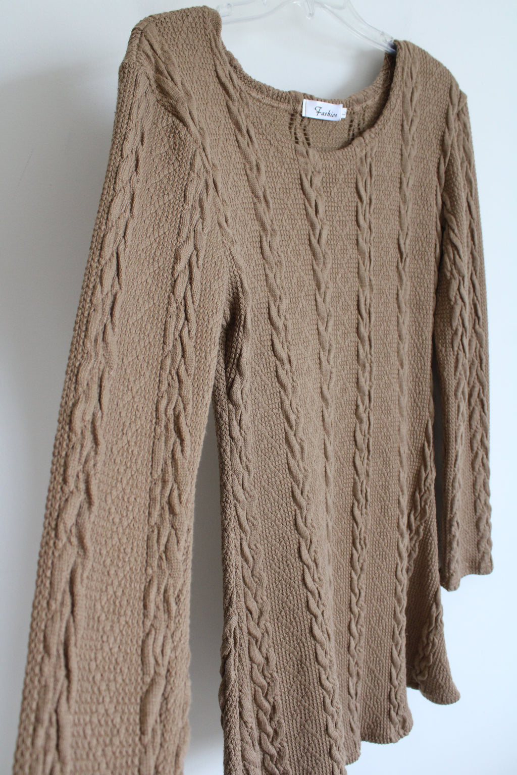 Fashion Long Sleeved Brown Cable Knit Sweater | L