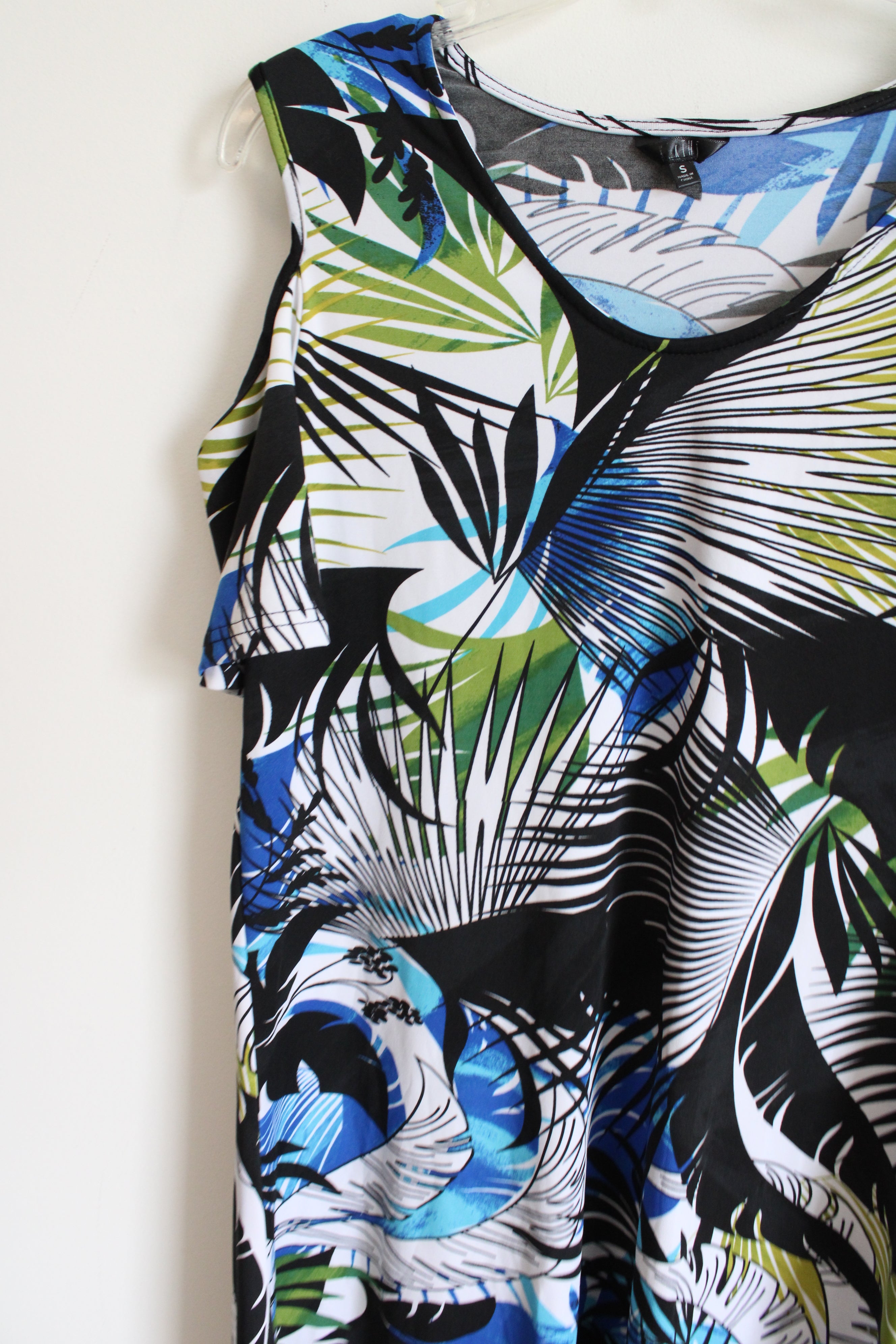 Blue Black & White Tropical Patterned Cold Shoulder Dress | S