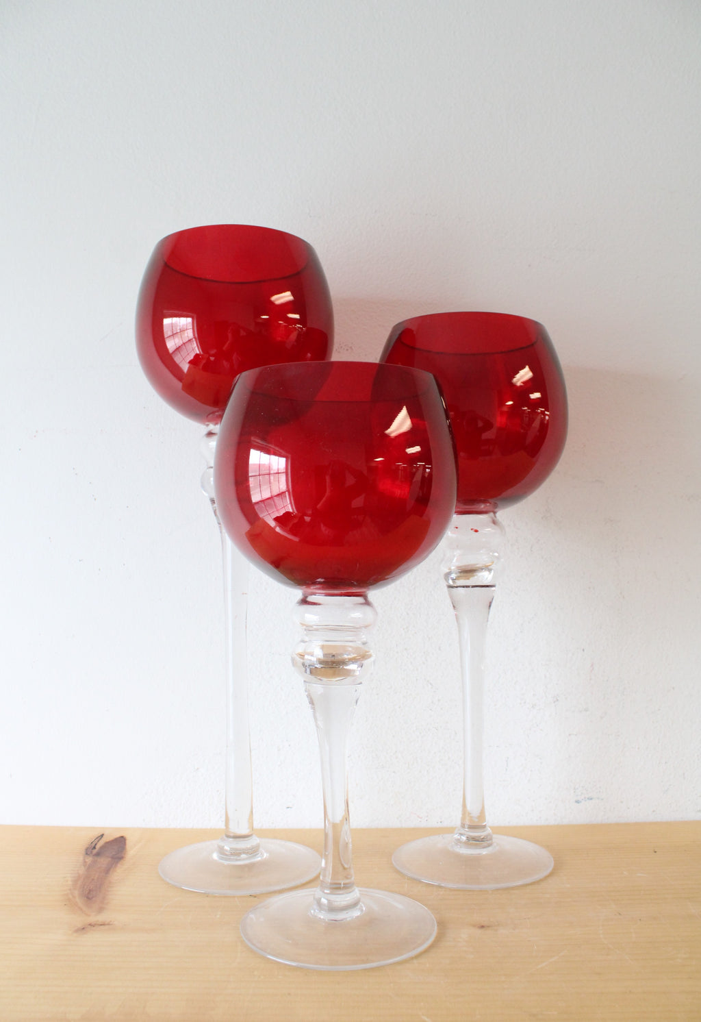 Hand Blown Ruby Red Large Goblets Set