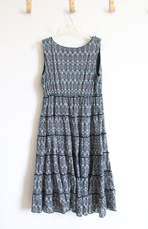 Style & Co Black Blue & White Patterned V-Neck Dress | 1X
