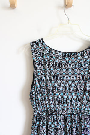 Style & Co Black Blue & White Patterned V-Neck Dress | 1X