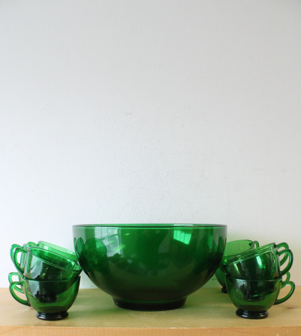 Vintage Forest Green Punch Bowl & 11 Glass Set