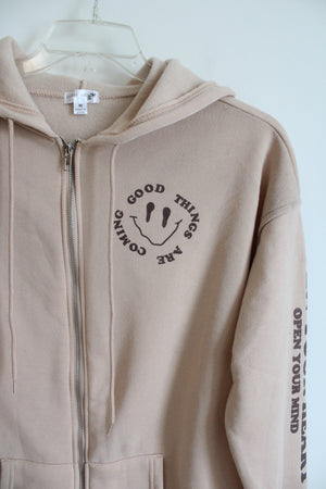 Orange Kiss Tan "Good Things Are Coming" Smiley Face Zip-Up Hoodie | M