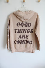 Orange Kiss Tan "Good Things Are Coming" Smiley Face Zip-Up Hoodie | M